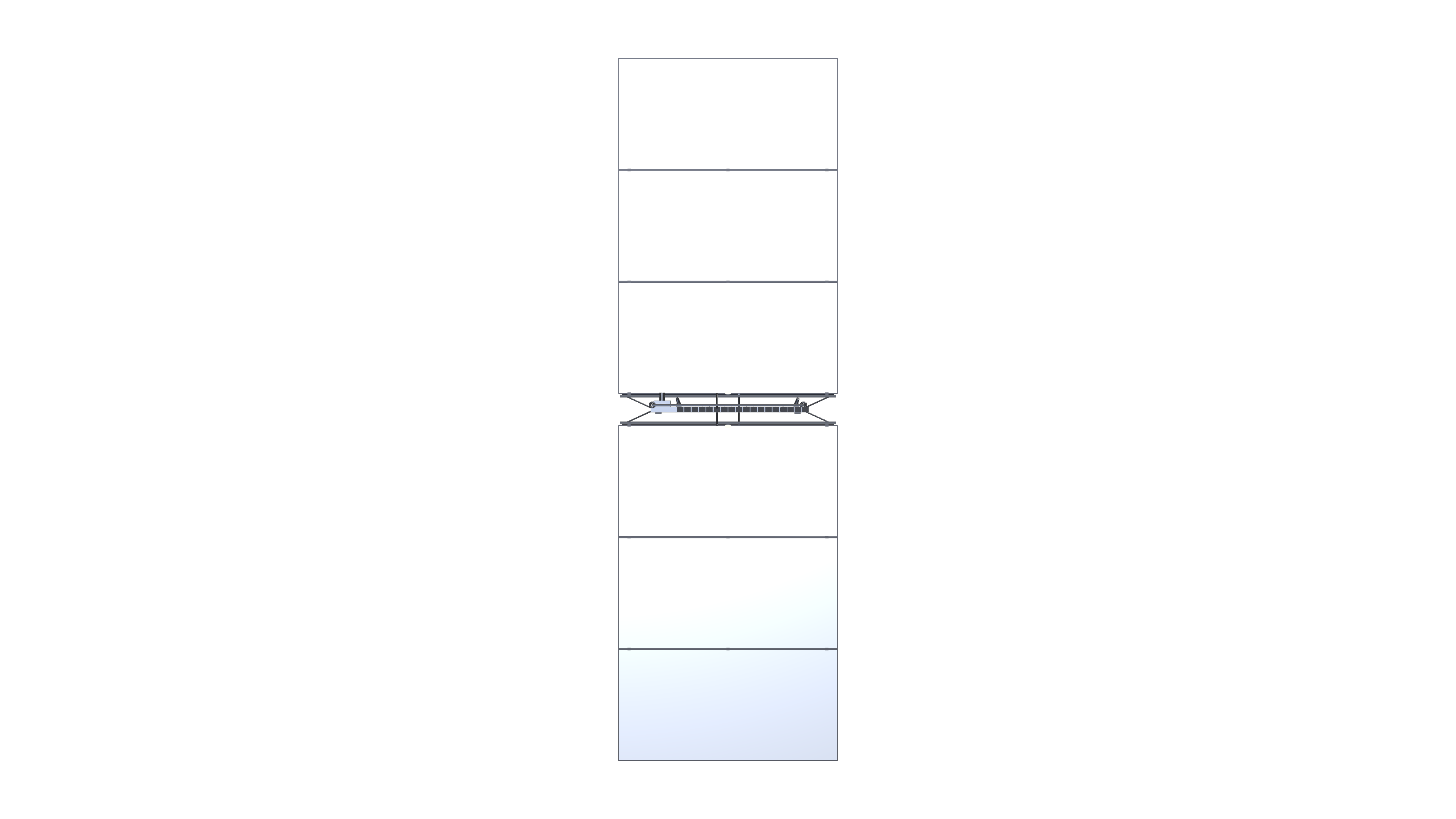 CS1 deployed elevation — front view; two-sided radiator up and down, central pump and tray spine, flying knife-edge to the sun
